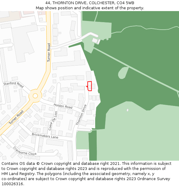 44, THORNTON DRIVE, COLCHESTER, CO4 5WB: Location map and indicative extent of plot