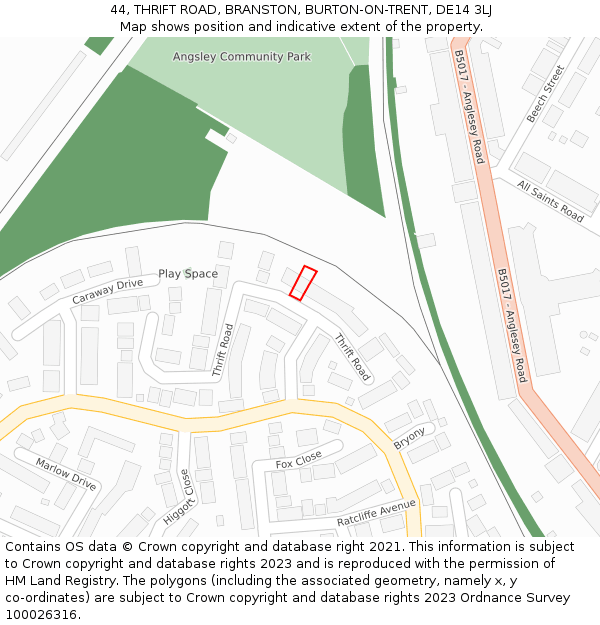 44, THRIFT ROAD, BRANSTON, BURTON-ON-TRENT, DE14 3LJ: Location map and indicative extent of plot