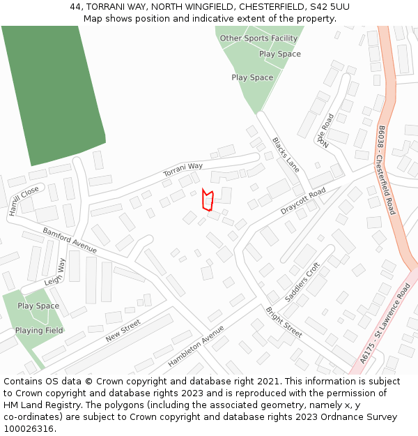 44, TORRANI WAY, NORTH WINGFIELD, CHESTERFIELD, S42 5UU: Location map and indicative extent of plot