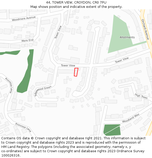 44, TOWER VIEW, CROYDON, CR0 7PU: Location map and indicative extent of plot