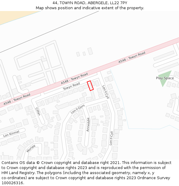 44, TOWYN ROAD, ABERGELE, LL22 7PY: Location map and indicative extent of plot