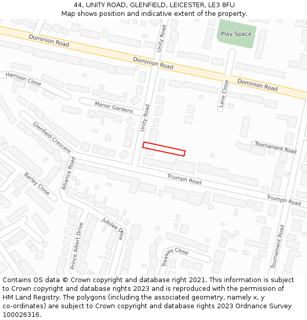 44, UNITY ROAD, GLENFIELD, LEICESTER, LE3 8FU: Location map and indicative extent of plot