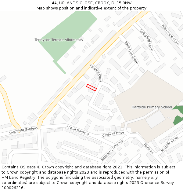 44, UPLANDS CLOSE, CROOK, DL15 9NW: Location map and indicative extent of plot