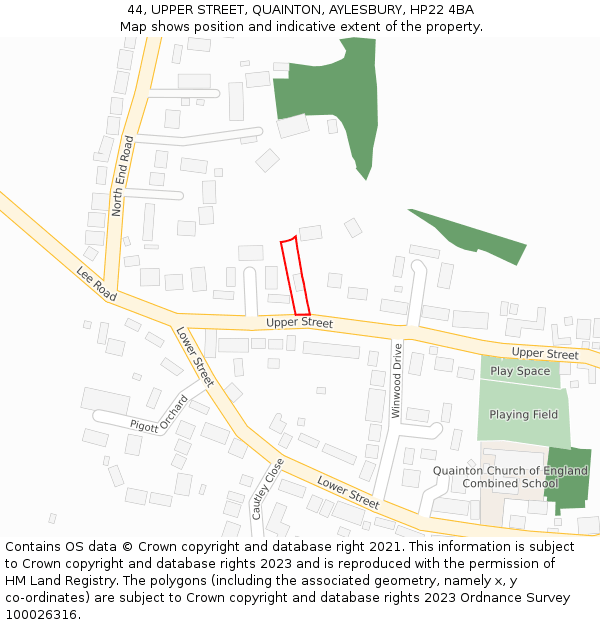 44, UPPER STREET, QUAINTON, AYLESBURY, HP22 4BA: Location map and indicative extent of plot