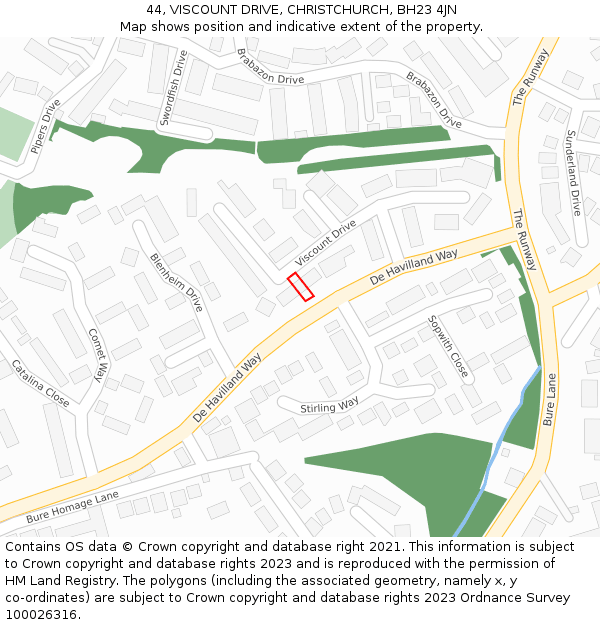 44, VISCOUNT DRIVE, CHRISTCHURCH, BH23 4JN: Location map and indicative extent of plot