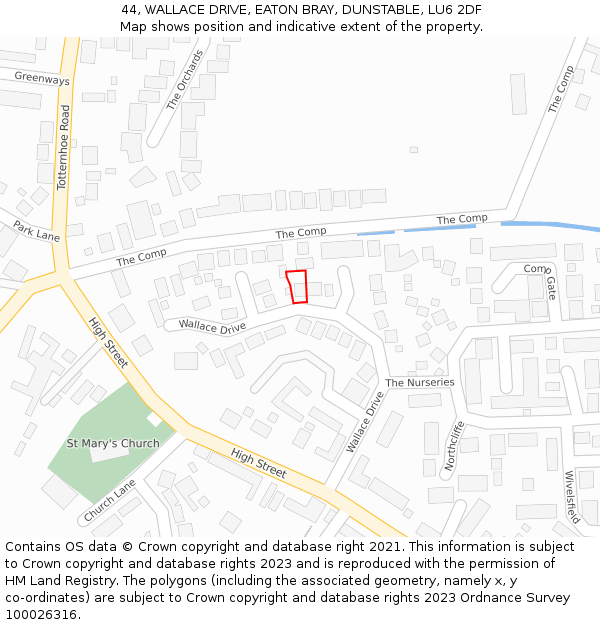 44, WALLACE DRIVE, EATON BRAY, DUNSTABLE, LU6 2DF: Location map and indicative extent of plot