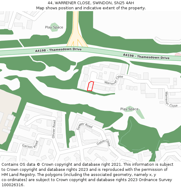 44, WARRENER CLOSE, SWINDON, SN25 4AH: Location map and indicative extent of plot
