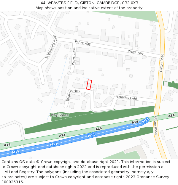 44, WEAVERS FIELD, GIRTON, CAMBRIDGE, CB3 0XB: Location map and indicative extent of plot