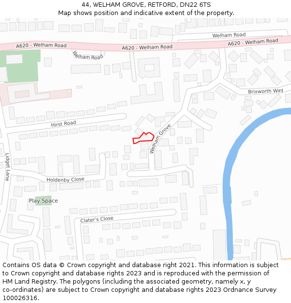 44, WELHAM GROVE, RETFORD, DN22 6TS: Location map and indicative extent of plot