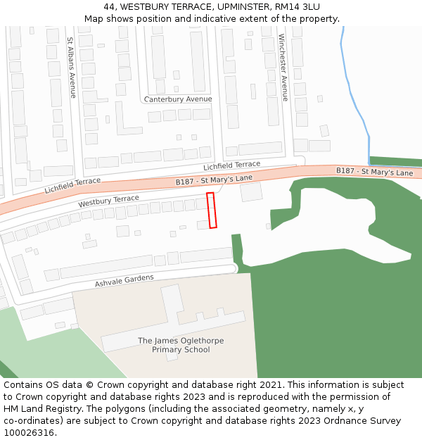 44, WESTBURY TERRACE, UPMINSTER, RM14 3LU: Location map and indicative extent of plot