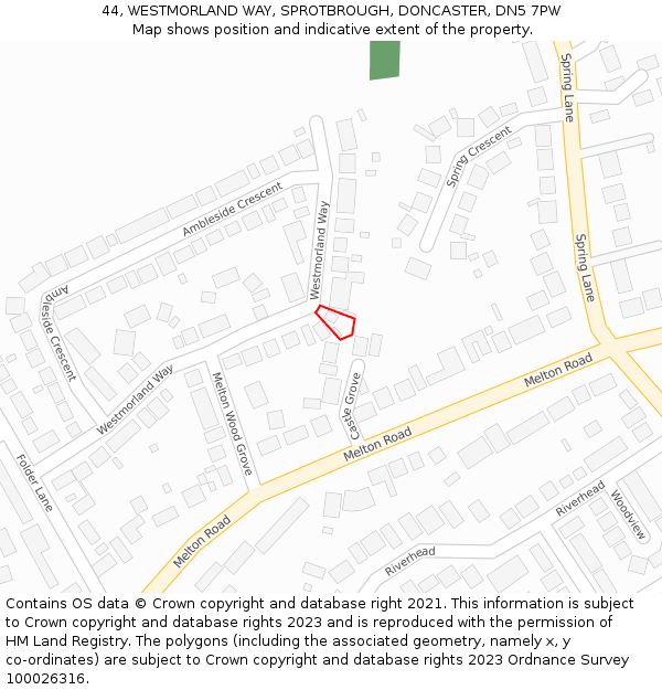 44, WESTMORLAND WAY, SPROTBROUGH, DONCASTER, DN5 7PW: Location map and indicative extent of plot