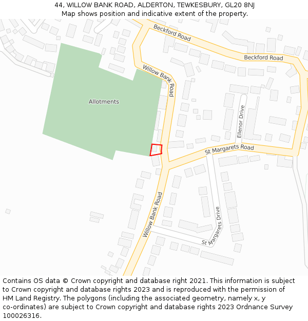 44, WILLOW BANK ROAD, ALDERTON, TEWKESBURY, GL20 8NJ: Location map and indicative extent of plot