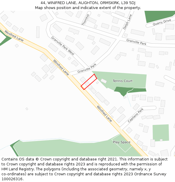 44, WINIFRED LANE, AUGHTON, ORMSKIRK, L39 5DJ: Location map and indicative extent of plot