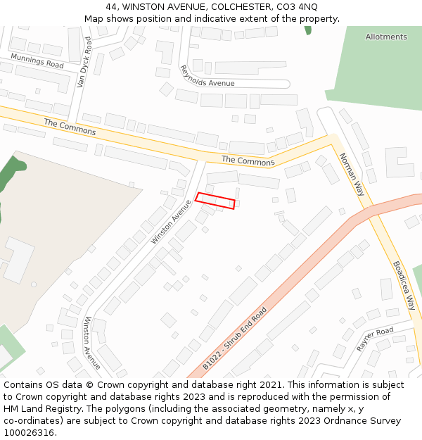 44, WINSTON AVENUE, COLCHESTER, CO3 4NQ: Location map and indicative extent of plot