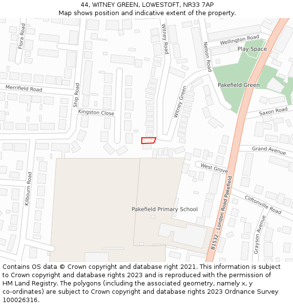 44, WITNEY GREEN, LOWESTOFT, NR33 7AP: Location map and indicative extent of plot