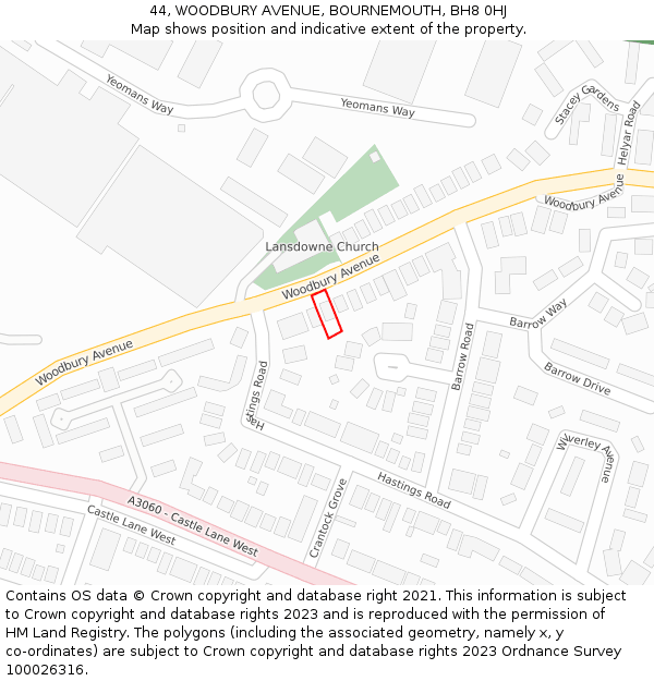 44, WOODBURY AVENUE, BOURNEMOUTH, BH8 0HJ: Location map and indicative extent of plot