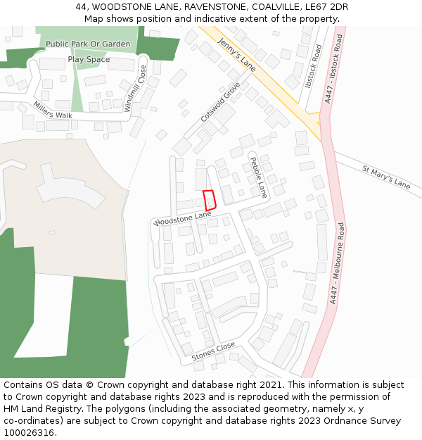 44, WOODSTONE LANE, RAVENSTONE, COALVILLE, LE67 2DR: Location map and indicative extent of plot