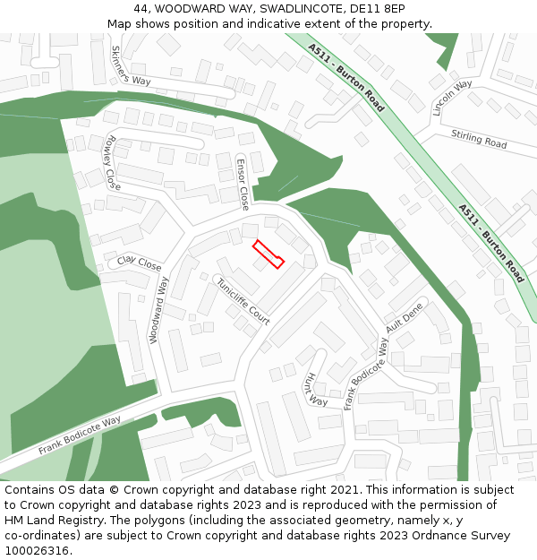 44, WOODWARD WAY, SWADLINCOTE, DE11 8EP: Location map and indicative extent of plot