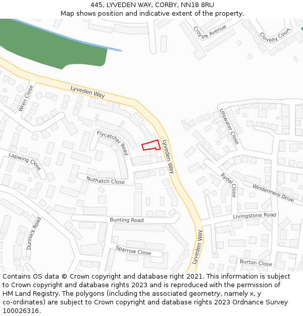 445, LYVEDEN WAY, CORBY, NN18 8RU: Location map and indicative extent of plot