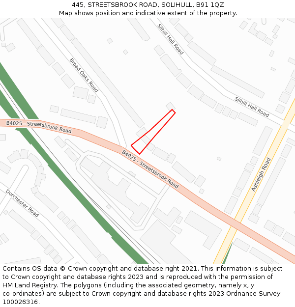 445, STREETSBROOK ROAD, SOLIHULL, B91 1QZ: Location map and indicative extent of plot