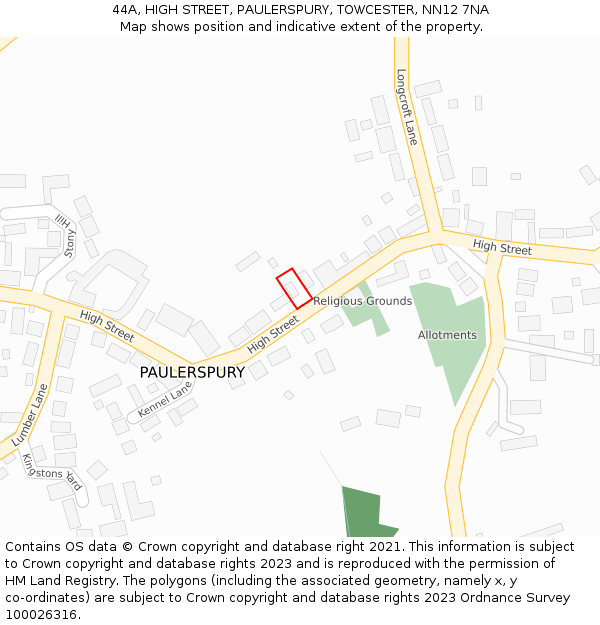 44A, HIGH STREET, PAULERSPURY, TOWCESTER, NN12 7NA: Location map and indicative extent of plot