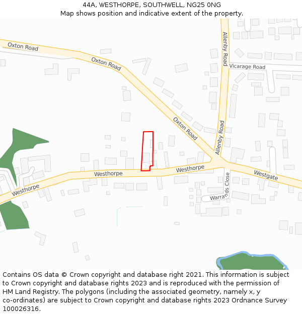 44A, WESTHORPE, SOUTHWELL, NG25 0NG: Location map and indicative extent of plot