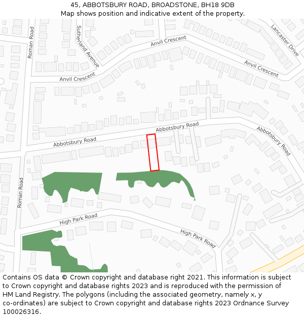 45, ABBOTSBURY ROAD, BROADSTONE, BH18 9DB: Location map and indicative extent of plot