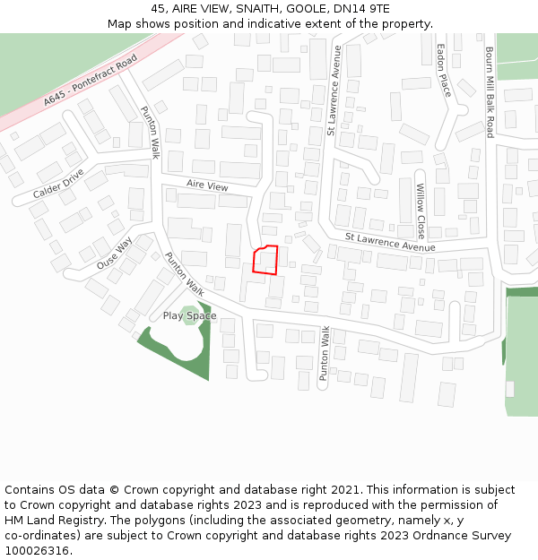 45, AIRE VIEW, SNAITH, GOOLE, DN14 9TE: Location map and indicative extent of plot