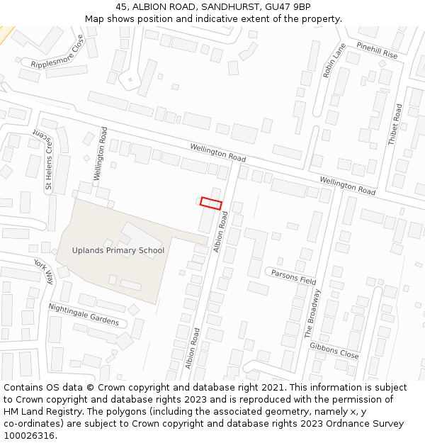 45, ALBION ROAD, SANDHURST, GU47 9BP: Location map and indicative extent of plot