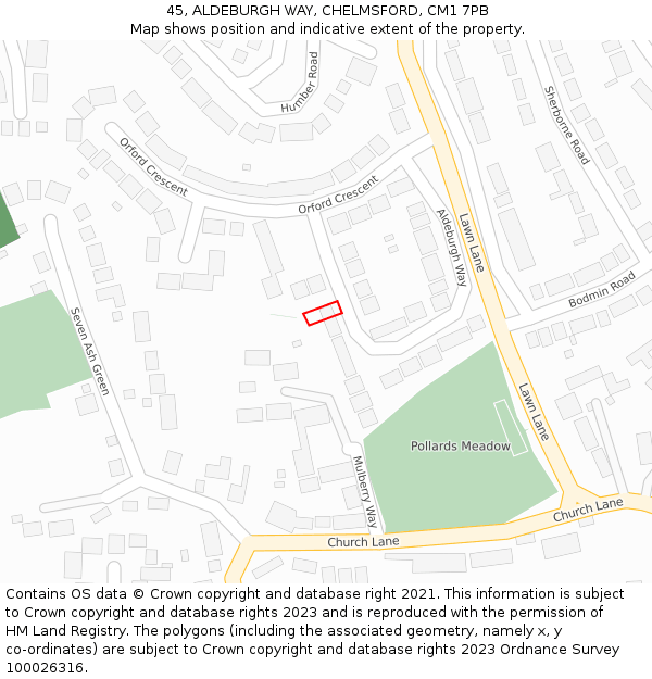 45, ALDEBURGH WAY, CHELMSFORD, CM1 7PB: Location map and indicative extent of plot