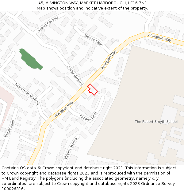 45, ALVINGTON WAY, MARKET HARBOROUGH, LE16 7NF: Location map and indicative extent of plot
