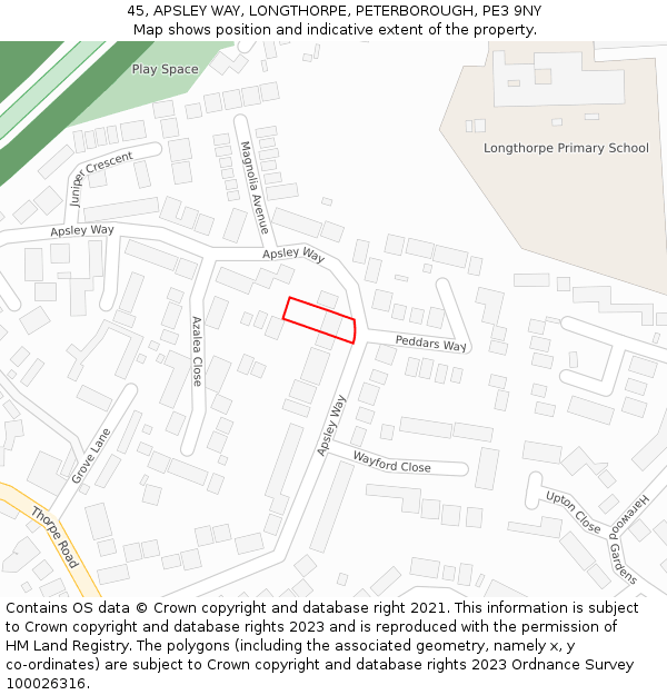 45, APSLEY WAY, LONGTHORPE, PETERBOROUGH, PE3 9NY: Location map and indicative extent of plot