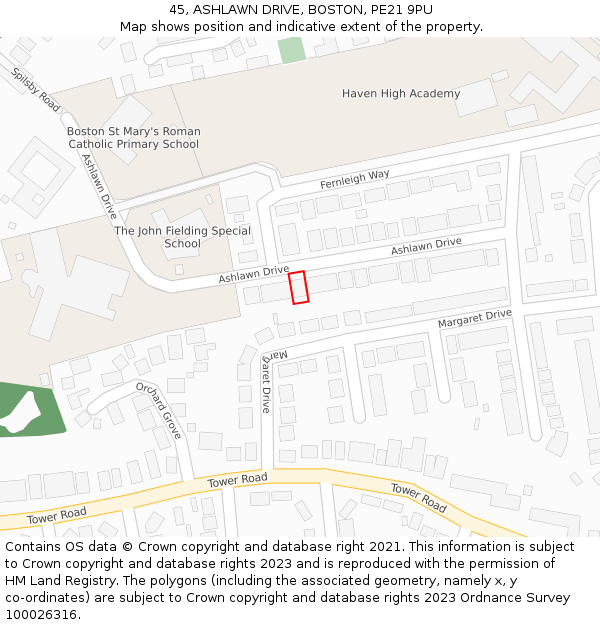 45, ASHLAWN DRIVE, BOSTON, PE21 9PU: Location map and indicative extent of plot
