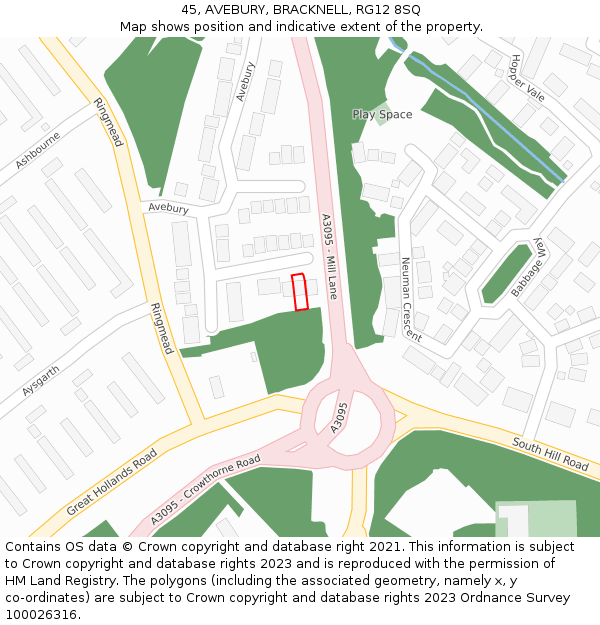 45, AVEBURY, BRACKNELL, RG12 8SQ: Location map and indicative extent of plot