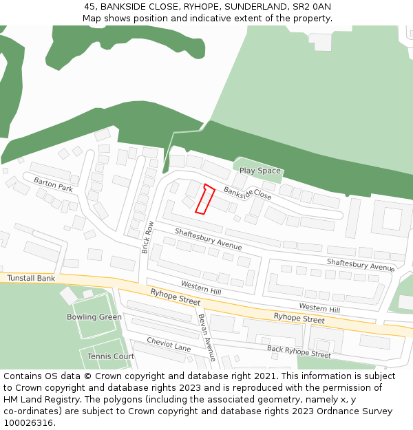 45, BANKSIDE CLOSE, RYHOPE, SUNDERLAND, SR2 0AN: Location map and indicative extent of plot