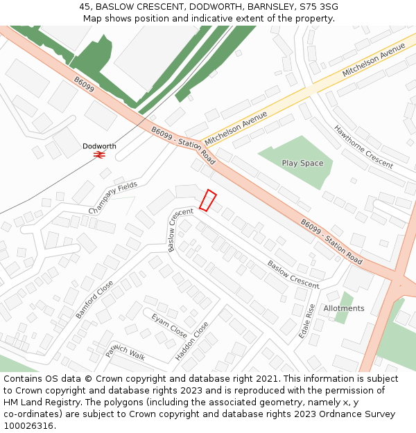 45, BASLOW CRESCENT, DODWORTH, BARNSLEY, S75 3SG: Location map and indicative extent of plot