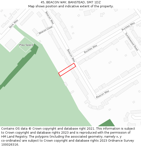 45, BEACON WAY, BANSTEAD, SM7 1DZ: Location map and indicative extent of plot