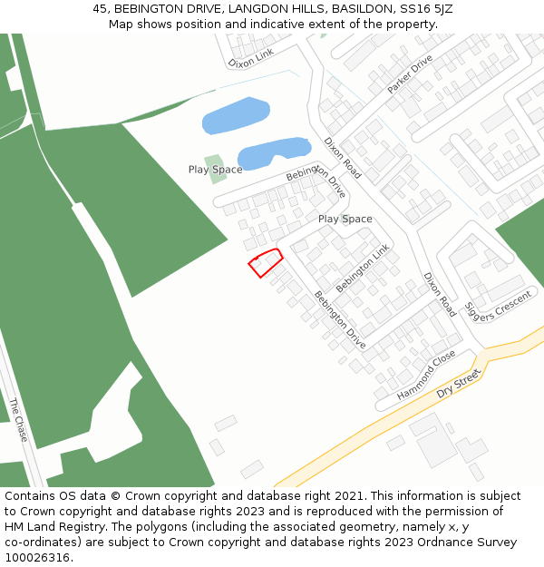 45, BEBINGTON DRIVE, LANGDON HILLS, BASILDON, SS16 5JZ: Location map and indicative extent of plot