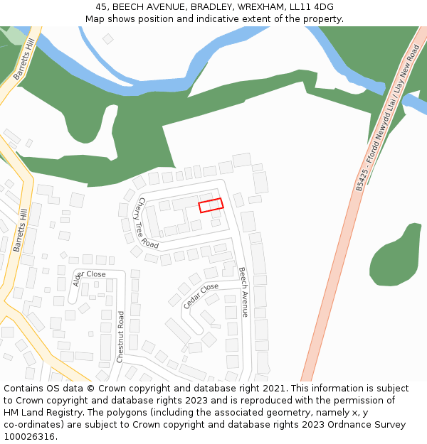 45, BEECH AVENUE, BRADLEY, WREXHAM, LL11 4DG: Location map and indicative extent of plot