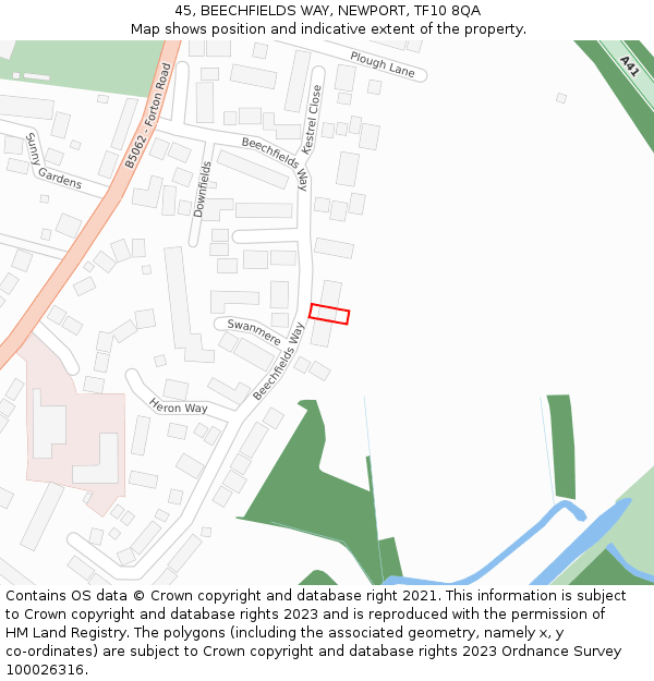 45, BEECHFIELDS WAY, NEWPORT, TF10 8QA: Location map and indicative extent of plot