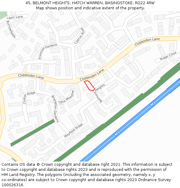 45, BELMONT HEIGHTS, HATCH WARREN, BASINGSTOKE, RG22 4RW: Location map and indicative extent of plot