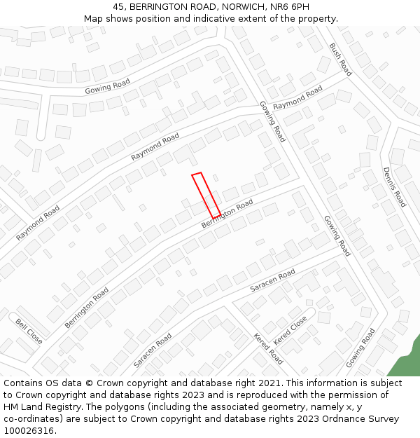 45, BERRINGTON ROAD, NORWICH, NR6 6PH: Location map and indicative extent of plot