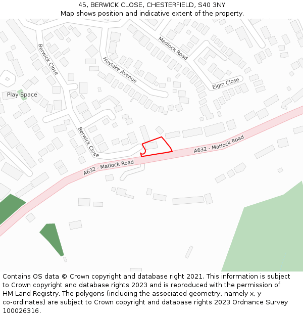 45, BERWICK CLOSE, CHESTERFIELD, S40 3NY: Location map and indicative extent of plot