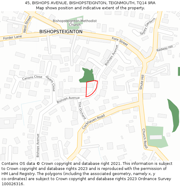 45, BISHOPS AVENUE, BISHOPSTEIGNTON, TEIGNMOUTH, TQ14 9RA: Location map and indicative extent of plot