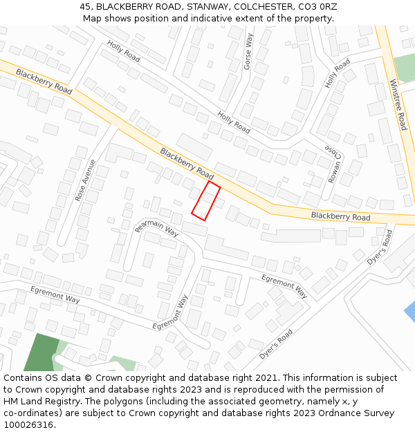 45, BLACKBERRY ROAD, STANWAY, COLCHESTER, CO3 0RZ: Location map and indicative extent of plot