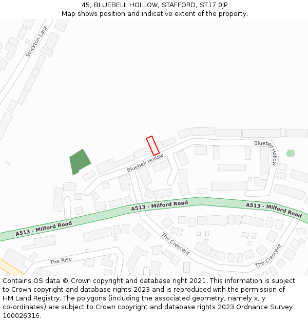 45, BLUEBELL HOLLOW, STAFFORD, ST17 0JP: Location map and indicative extent of plot