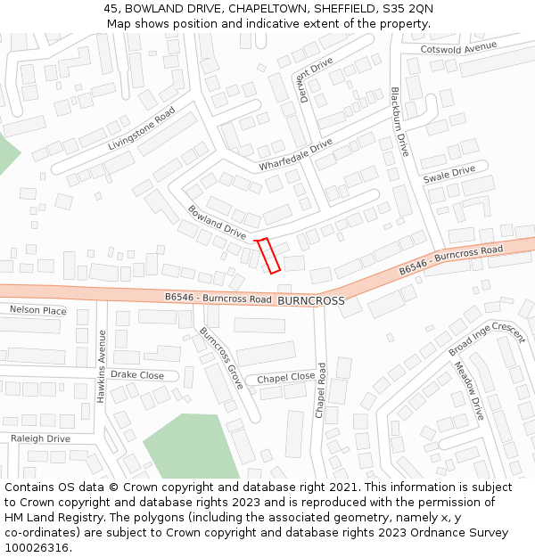 45, BOWLAND DRIVE, CHAPELTOWN, SHEFFIELD, S35 2QN: Location map and indicative extent of plot