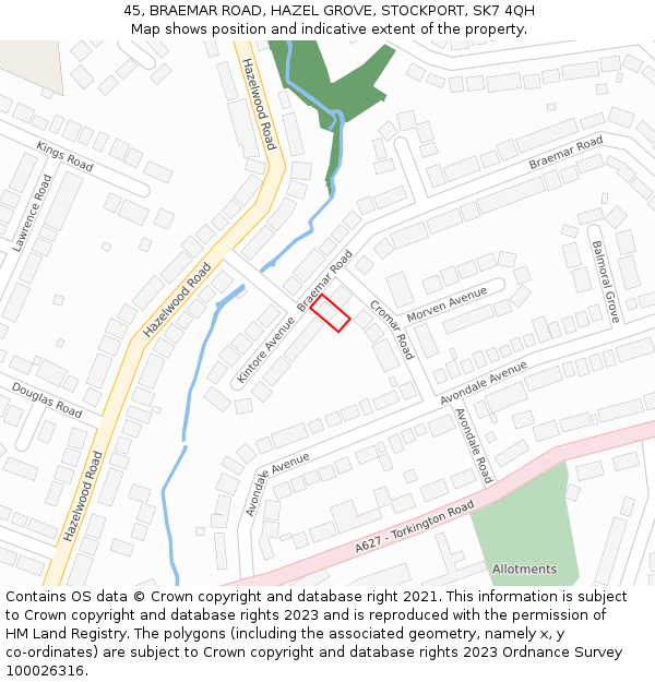 45, BRAEMAR ROAD, HAZEL GROVE, STOCKPORT, SK7 4QH: Location map and indicative extent of plot