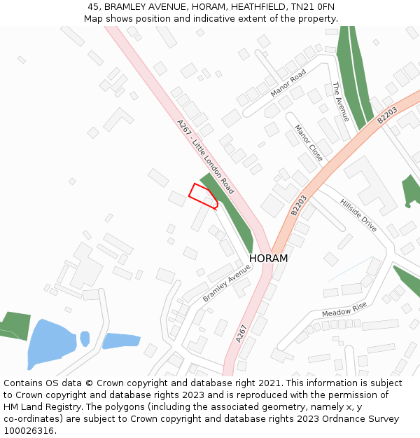 45, BRAMLEY AVENUE, HORAM, HEATHFIELD, TN21 0FN: Location map and indicative extent of plot