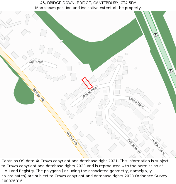 45, BRIDGE DOWN, BRIDGE, CANTERBURY, CT4 5BA: Location map and indicative extent of plot